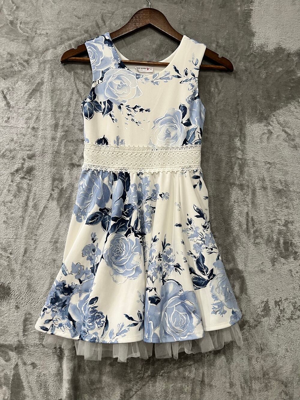 Knit Works Sleeveless Floral Dress Crocheted Lace Waist Tulle Underskirt Size 10